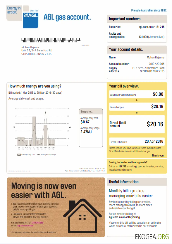 AUSTRALIA AGL utiltiy bill Word and PDF template, version 3